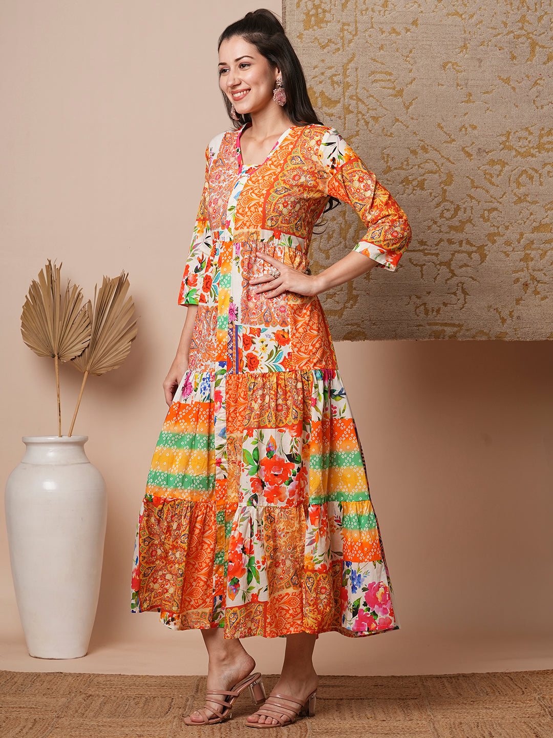 Ethnic Floral Printed A-Line Pleated Tiered Maxi Dress - Multi