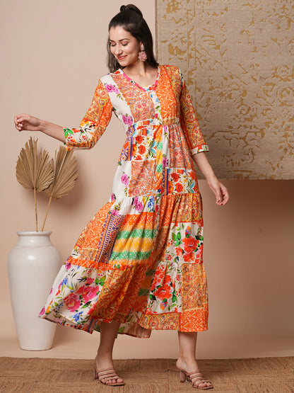 Ethnic Floral Printed A-Line Pleated Tiered Maxi Dress - Multi