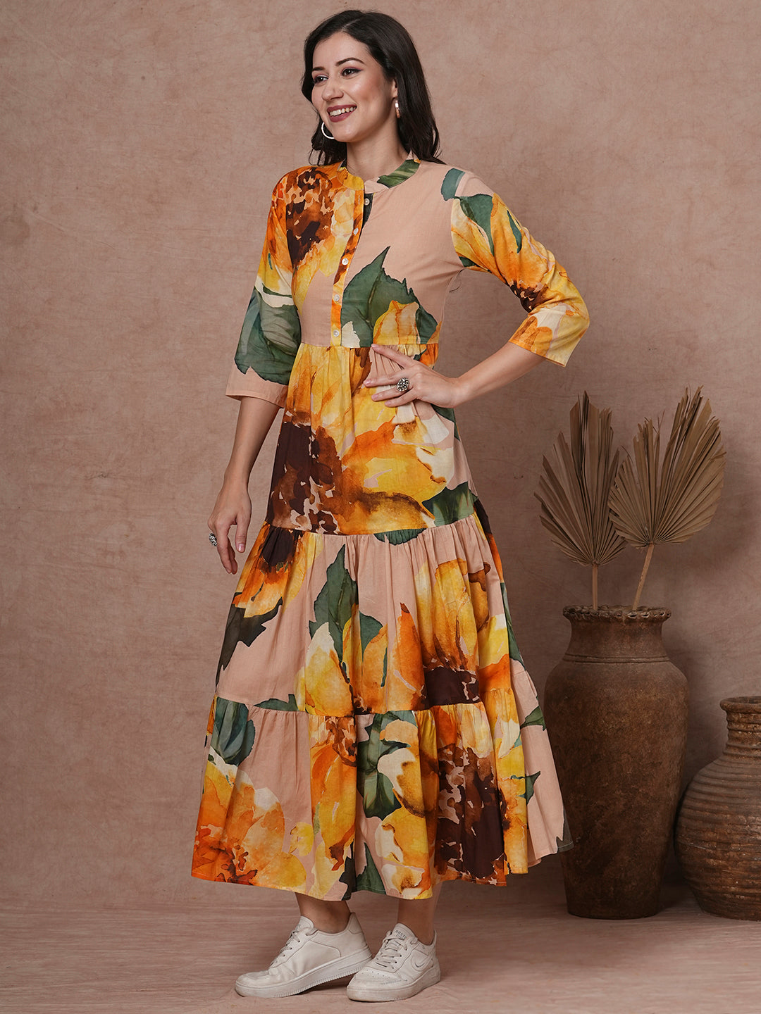 Abstract Floral Printed A-Line Pleated Tiered Maxi Dress - Multi