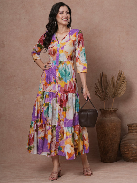 Abstract Floral Printed A-Line Pleated Tiered Maxi Dress - Multi