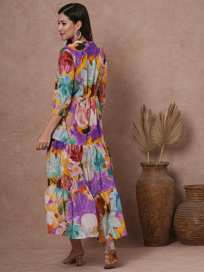 Abstract Floral Printed A-Line Pleated Tiered Maxi Dress - Multi