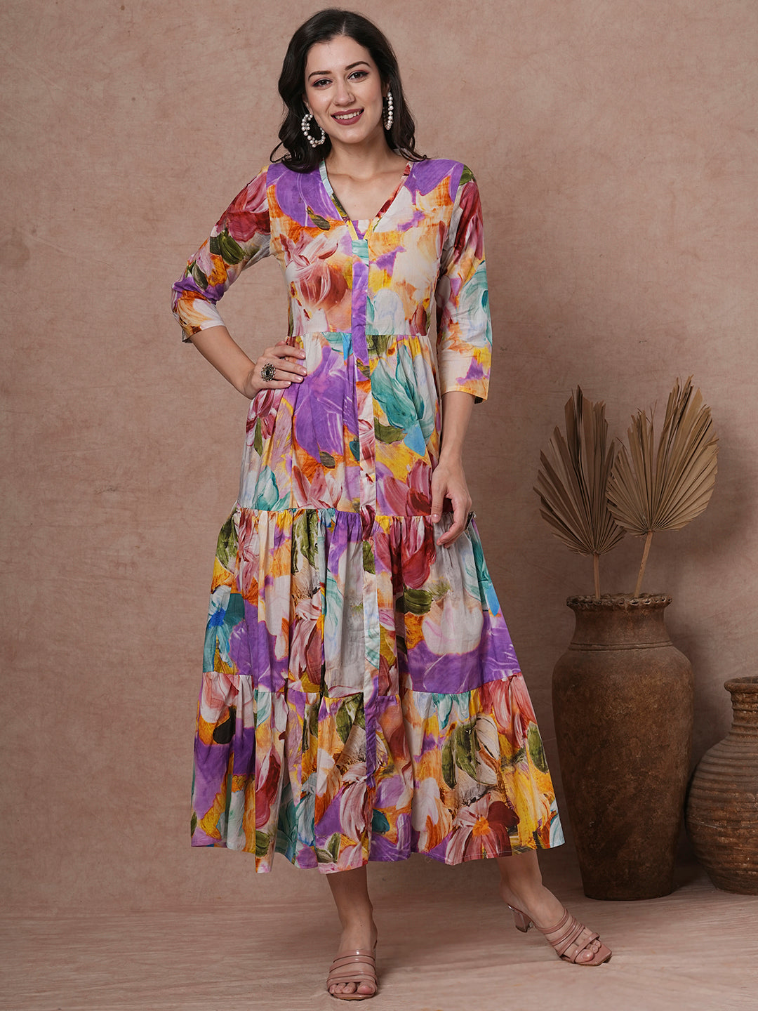 Abstract Floral Printed A-Line Pleated Tiered Maxi Dress - Multi