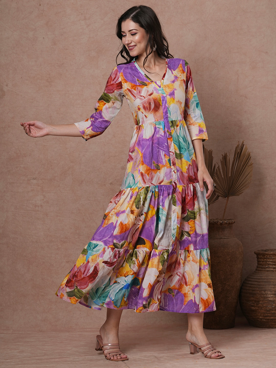 Abstract Floral Printed A-Line Pleated Tiered Maxi Dress - Multi