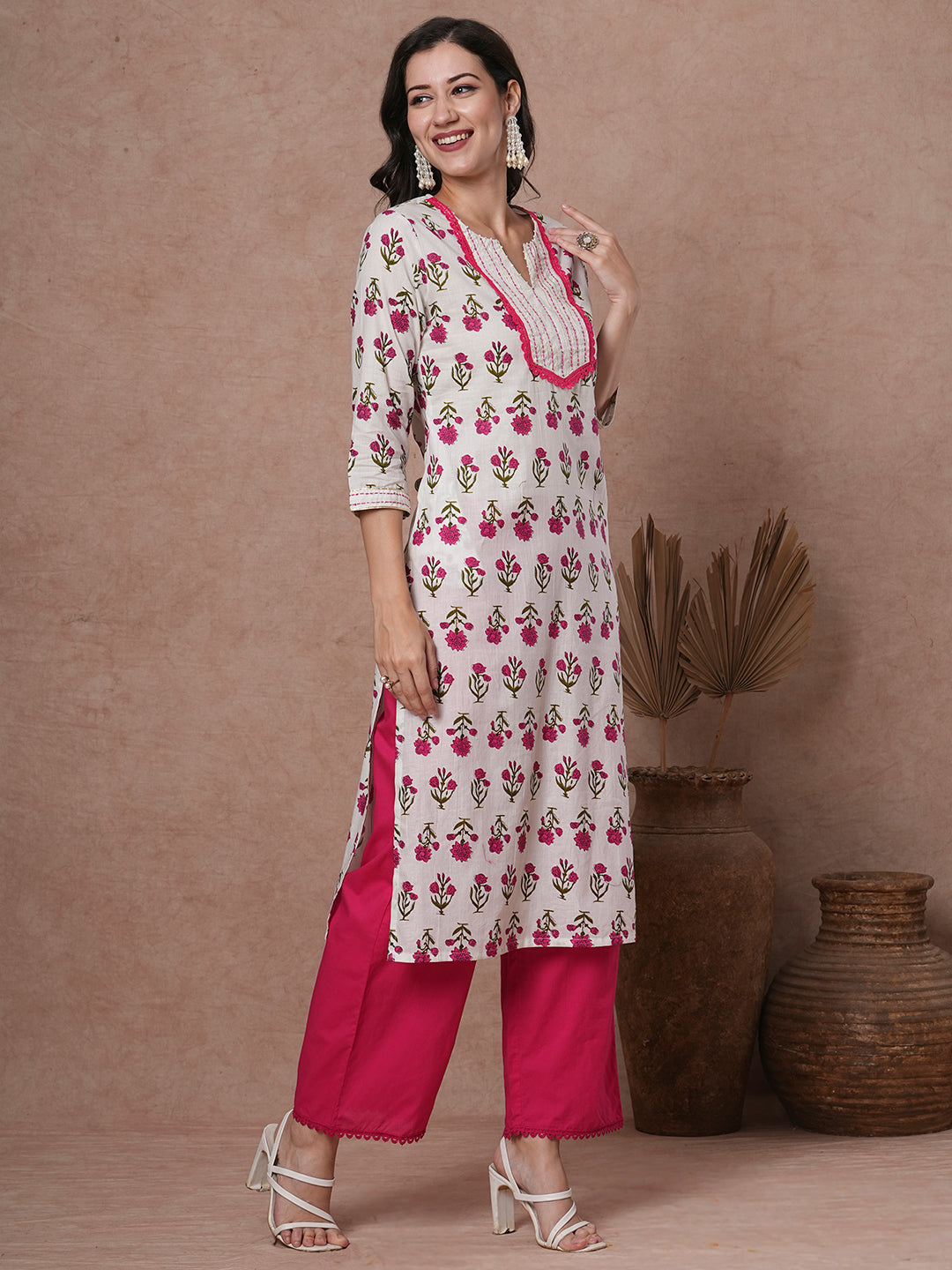 Ethnic Floral Printed & Kantha Embroidered Straight Kurta - White