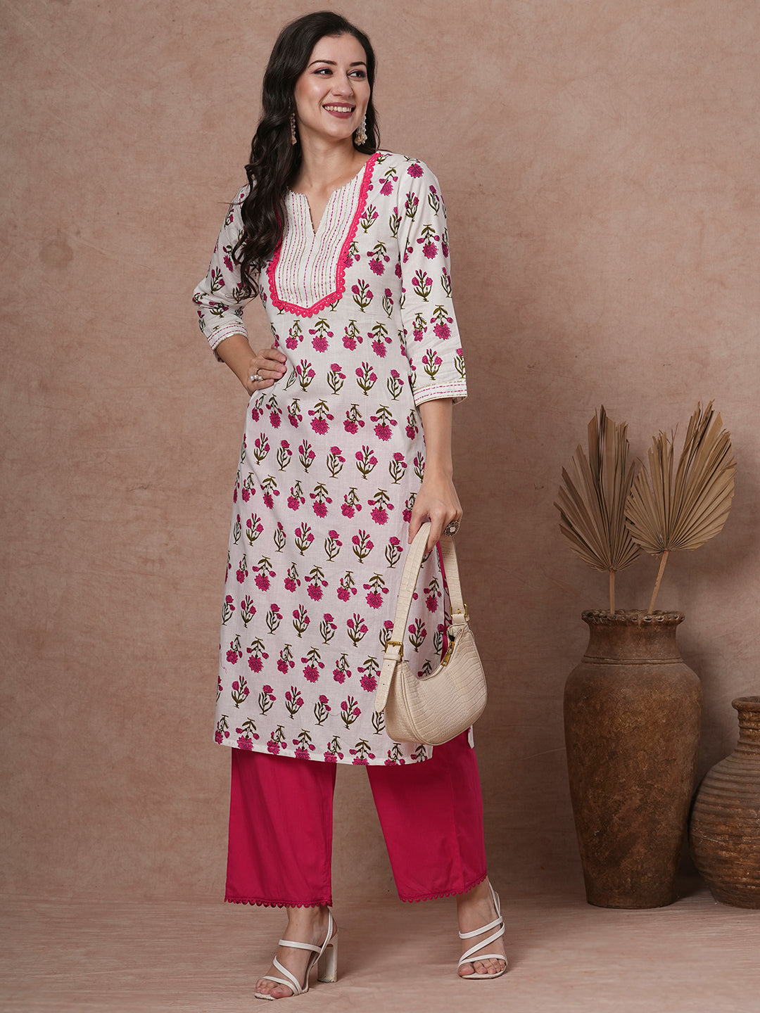 Ethnic Floral Printed & Kantha Embroidered Straight Kurta - White