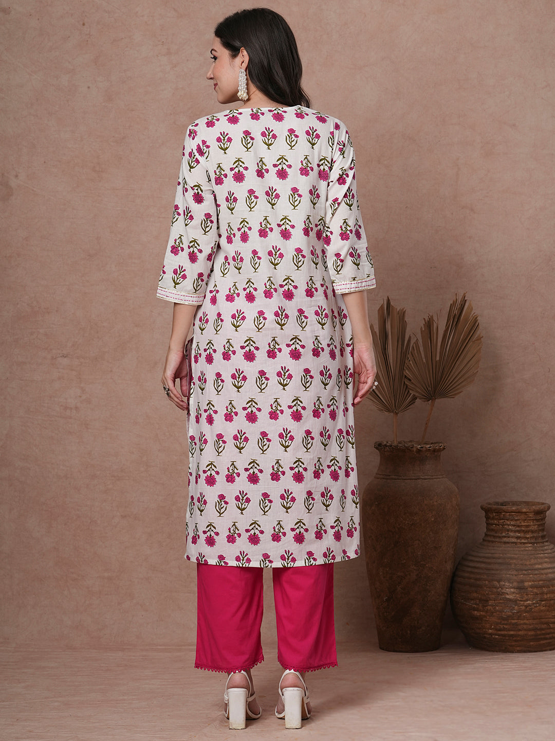 Ethnic Floral Printed & Kantha Embroidered Straight Kurta - White