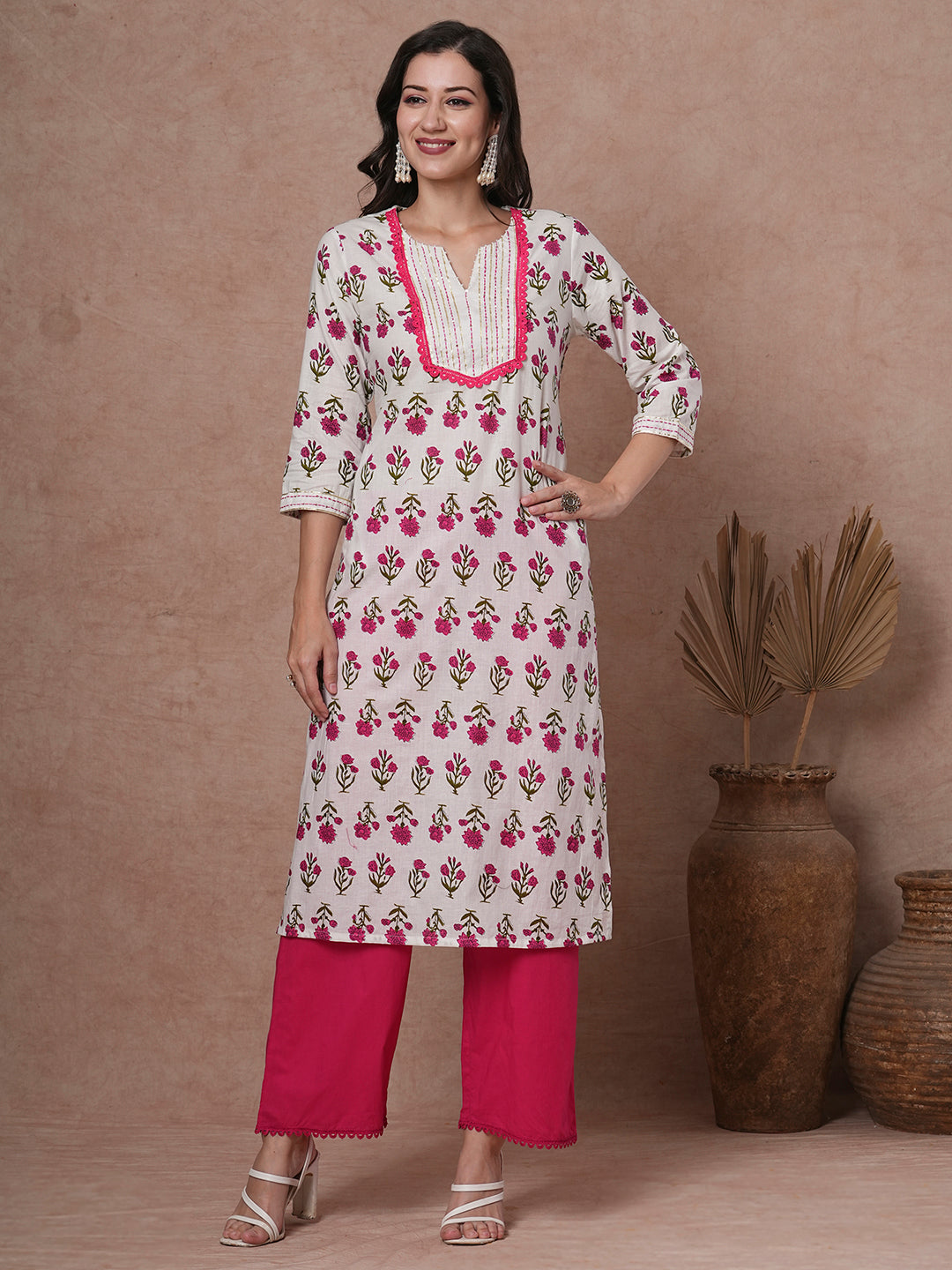 Ethnic Floral Printed & Kantha Embroidered Straight Kurta - White