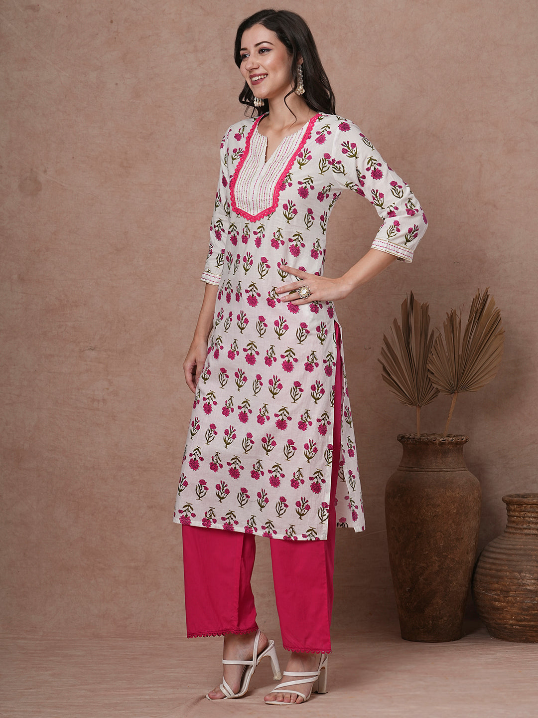 Ethnic Floral Printed & Kantha Embroidered Straight Kurta - White