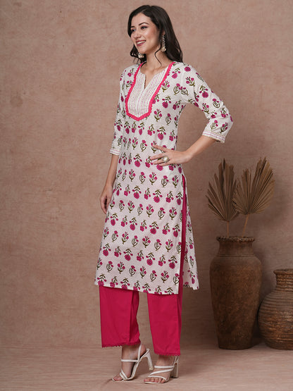 Ethnic Floral Printed & Kantha Embroidered Straight Kurta - White