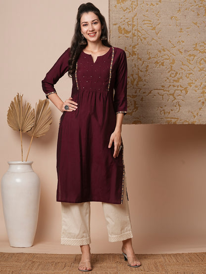 Ethnic Floral Embroidered Straight Fit Kurta - Burgundy