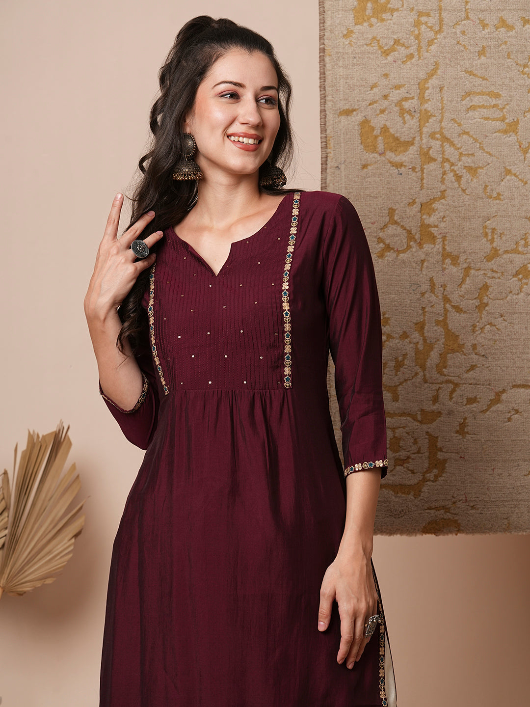 Ethnic Floral Embroidered Straight Fit Kurta - Burgundy