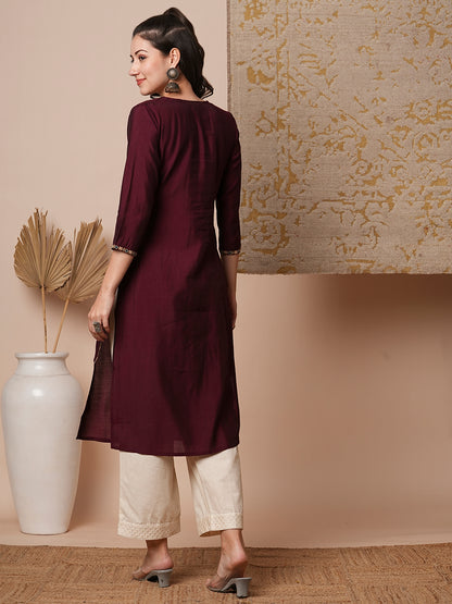 Ethnic Floral Embroidered Straight Fit Kurta - Burgundy