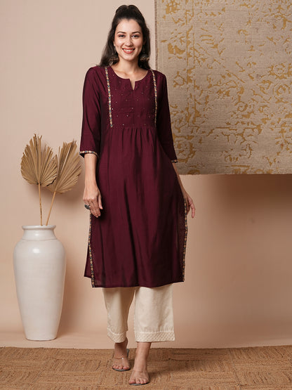 Ethnic Floral Embroidered Straight Fit Kurta - Burgundy