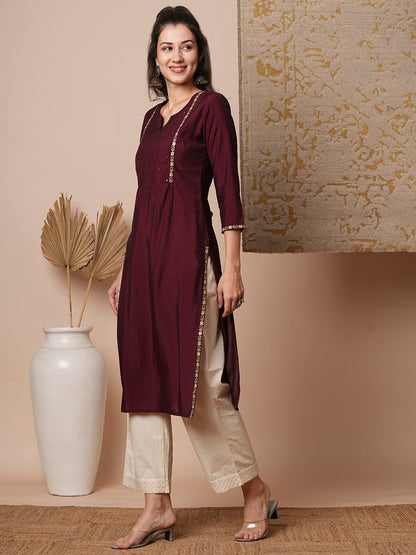 Ethnic Floral Embroidered Straight Fit Kurta - Burgundy