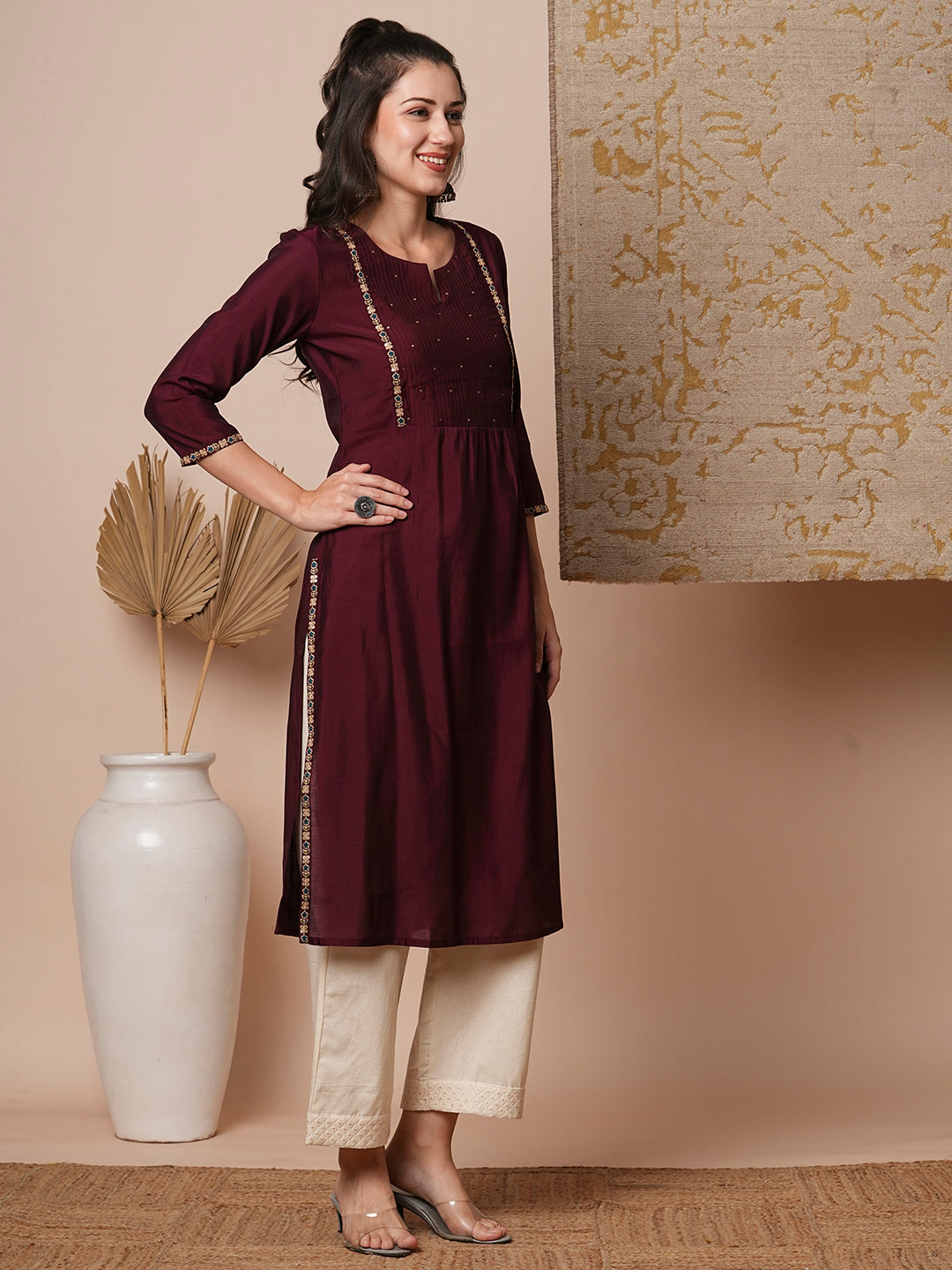 Ethnic Floral Embroidered Straight Fit Kurta - Burgundy