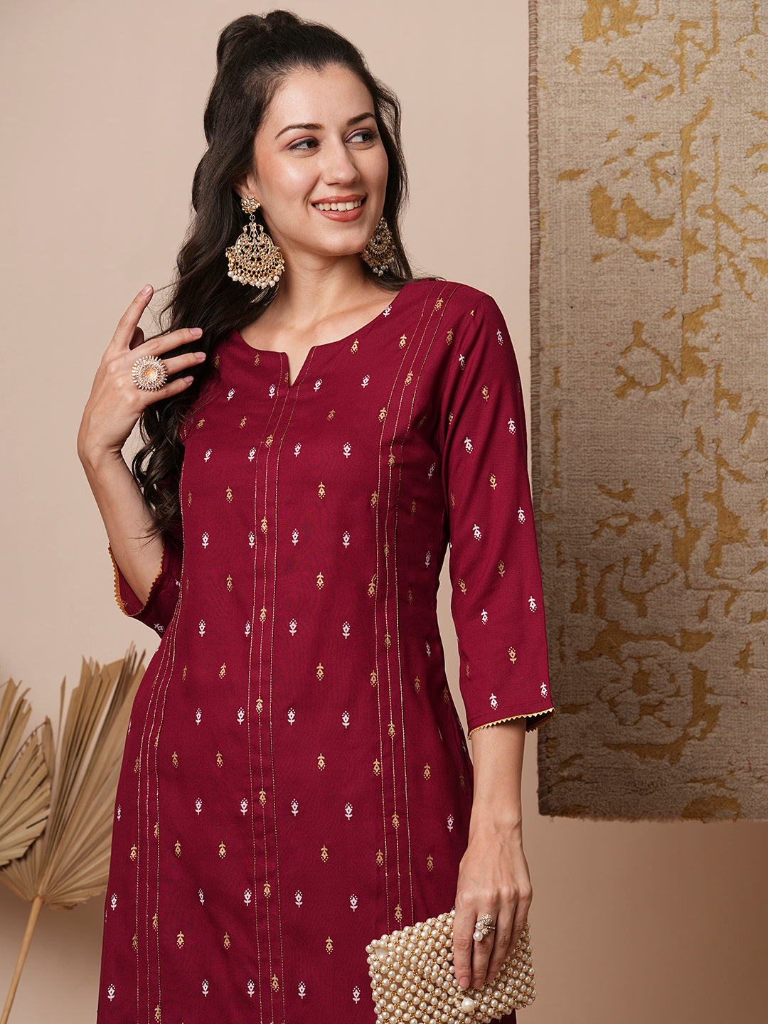 Ethnic Foil Printed Straight Fit Kurta - Maroon