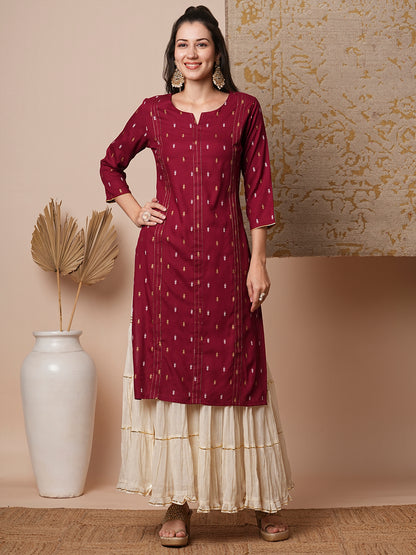 Ethnic Foil Printed Straight Fit Kurta - Maroon