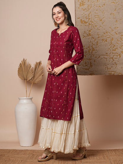 Ethnic Foil Printed Straight Fit Kurta - Maroon