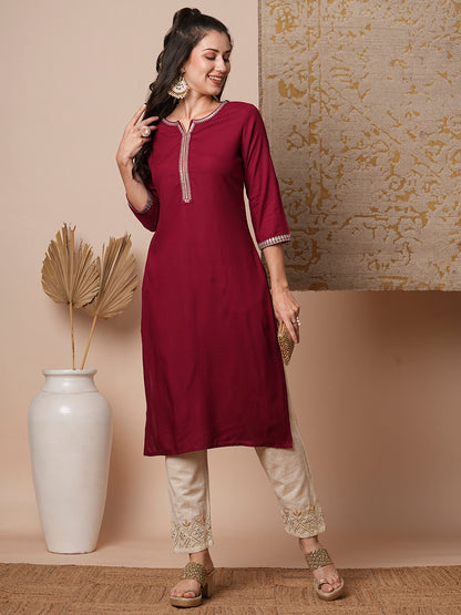 Solid Ethnic Zari Embroidered Straight Fit Kurta - Burgundy