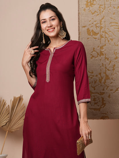 Solid Ethnic Zari Embroidered Straight Fit Kurta - Burgundy