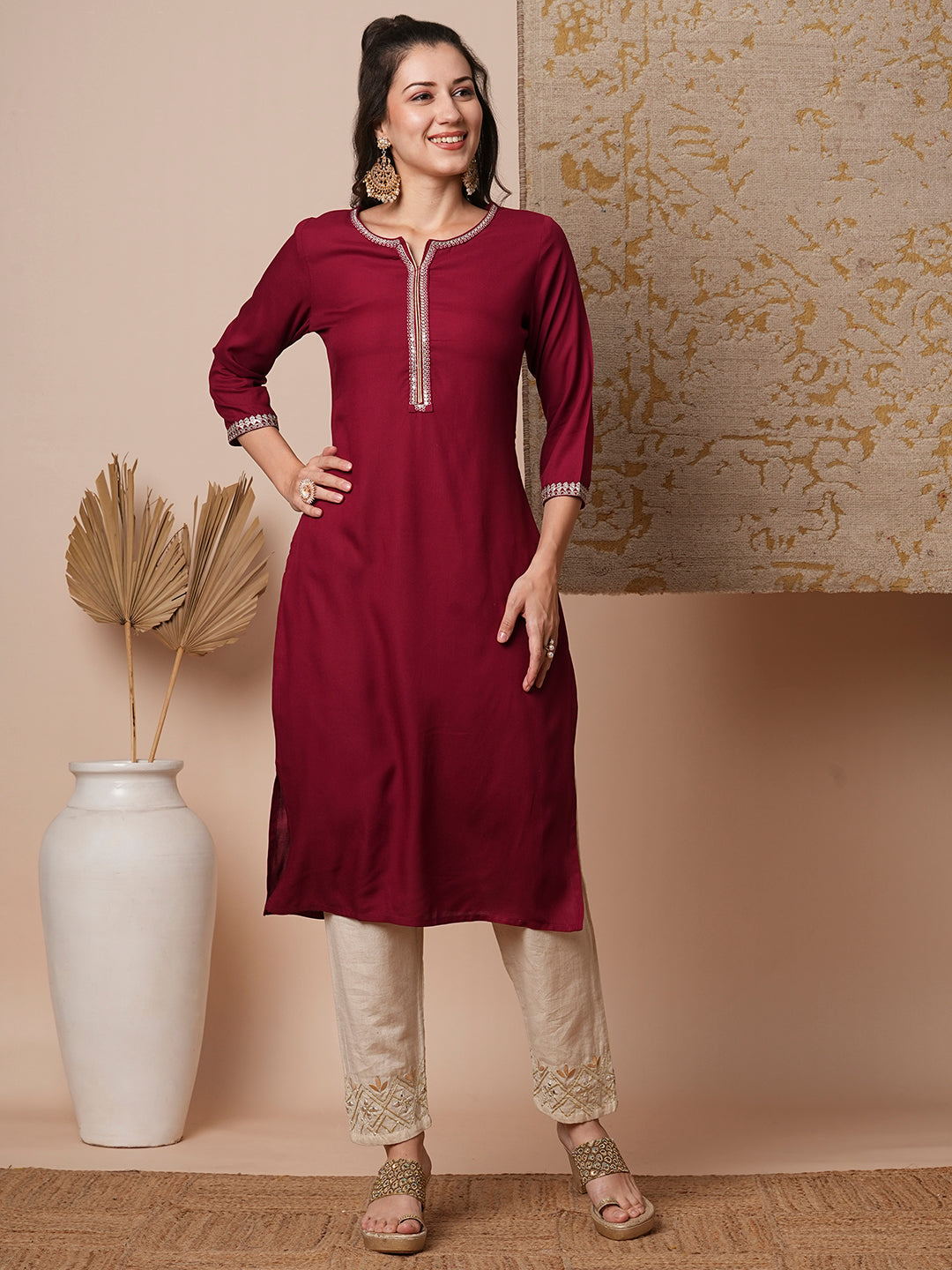 Solid Ethnic Zari Embroidered Straight Fit Kurta - Burgundy