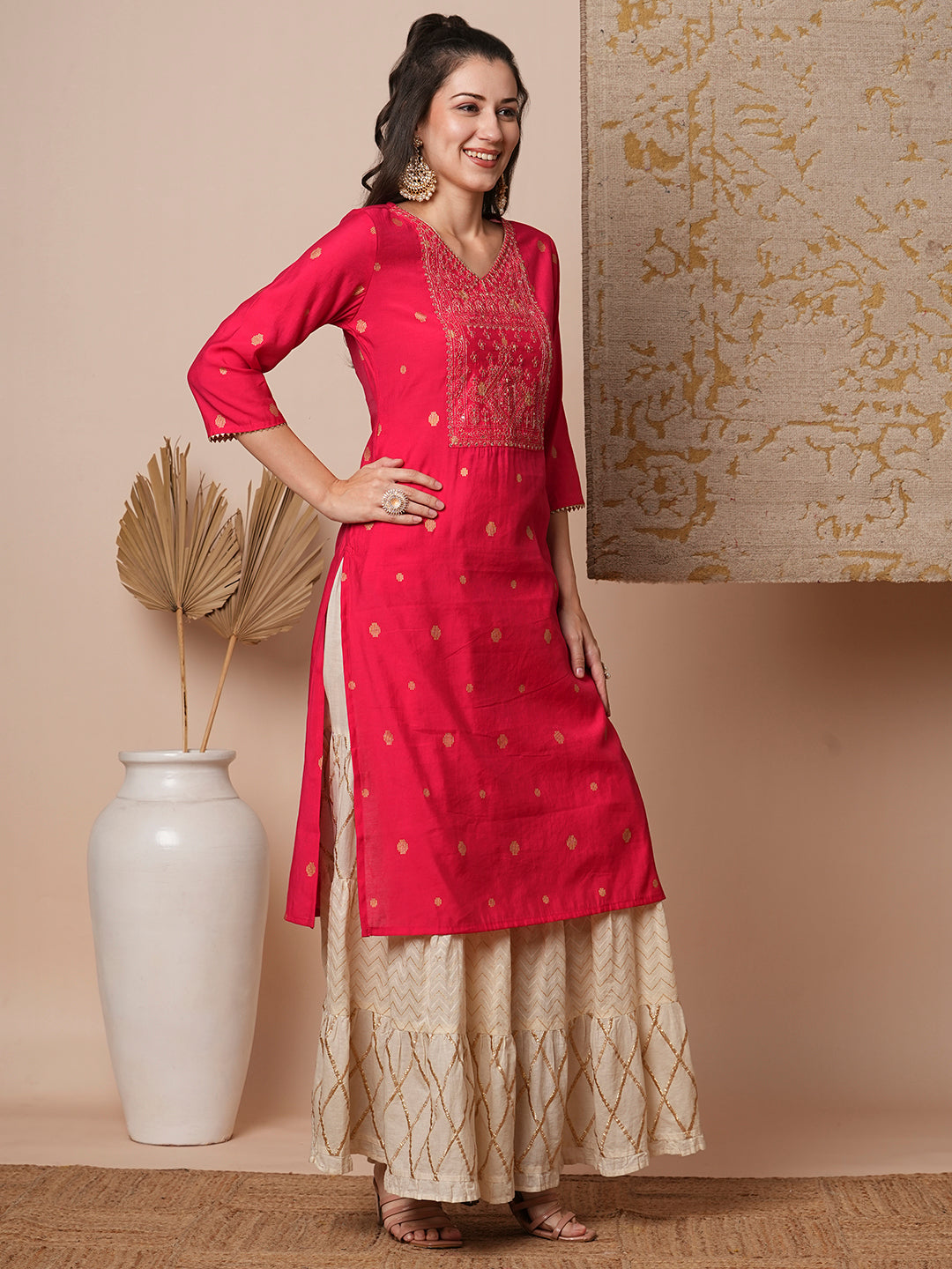 Ethnic Zari Embroidered Straight Fit Kurta - Pink