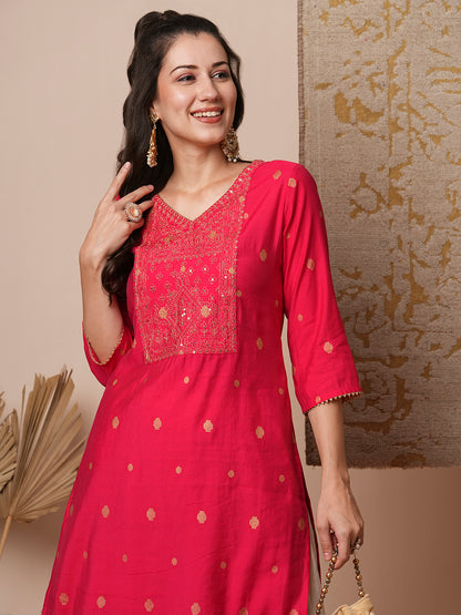 Ethnic Zari Embroidered Straight Fit Kurta - Pink