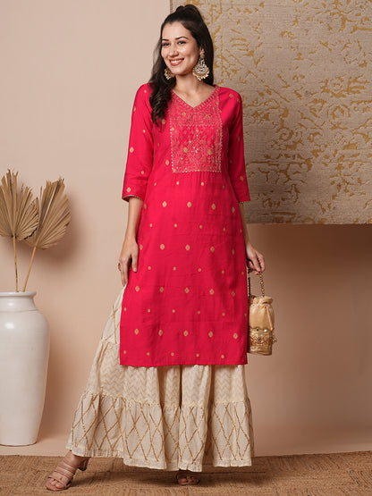 Ethnic Zari Embroidered Straight Fit Kurta - Pink