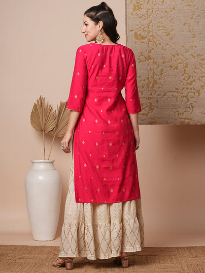 Ethnic Zari Embroidered Straight Fit Kurta - Pink