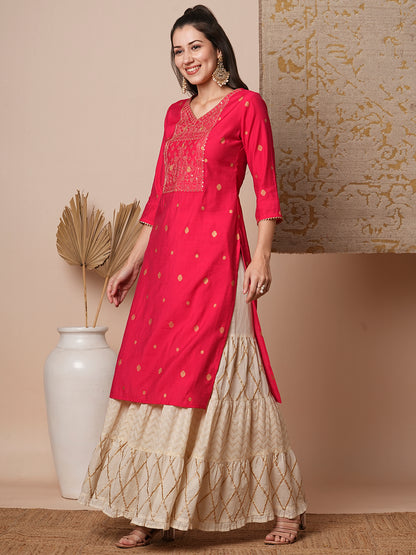 Ethnic Zari Embroidered Straight Fit Kurta - Pink