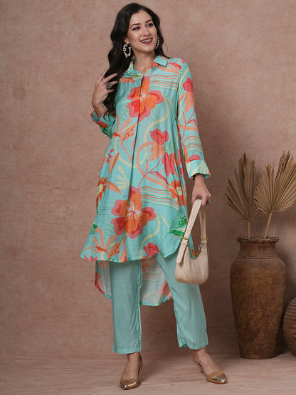 Abstract Floral Printed & Embroidered Straight Kurta with Pant - Cyan Blue