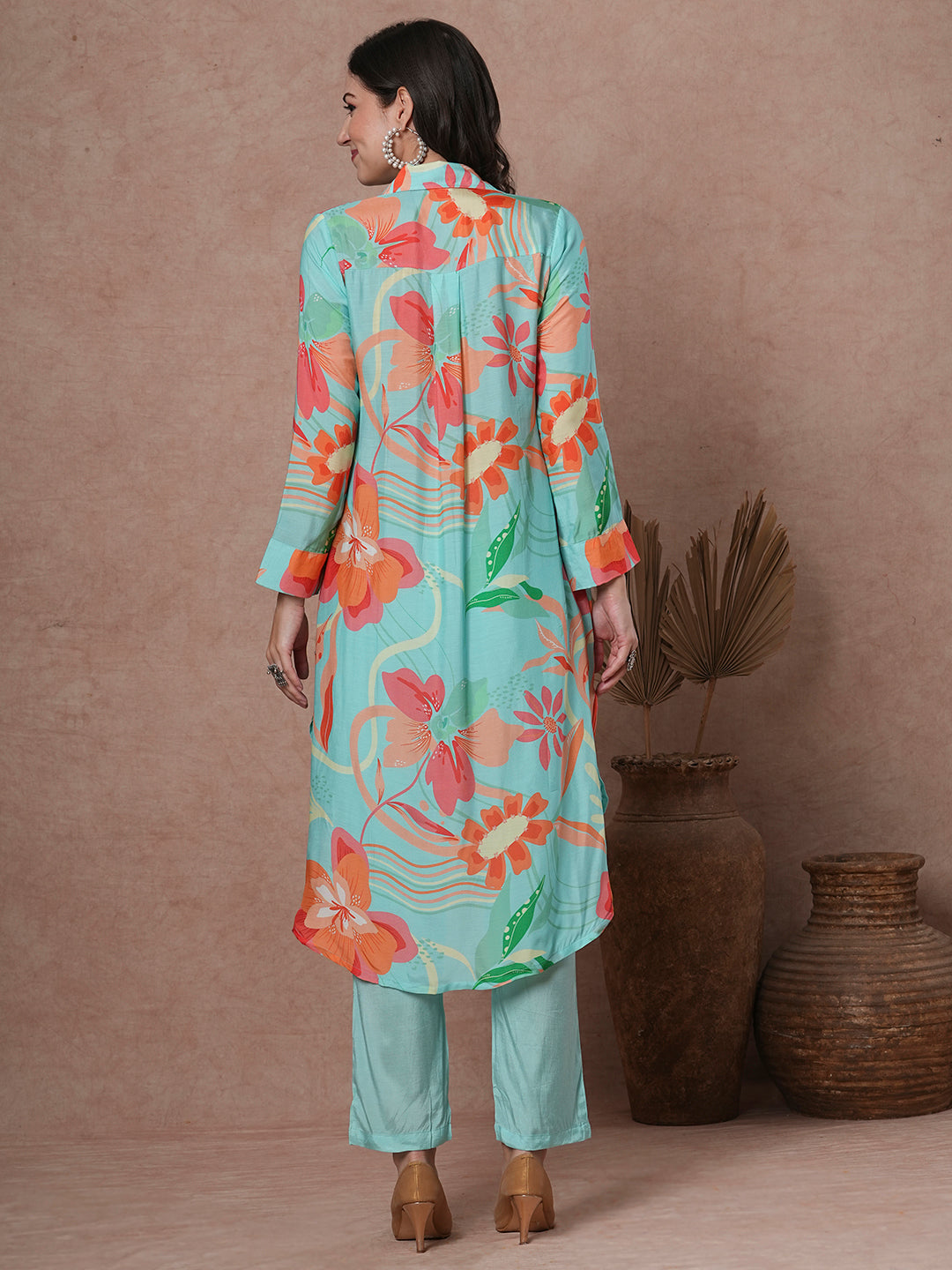 Abstract Floral Printed & Embroidered Straight Kurta with Pant - Cyan Blue