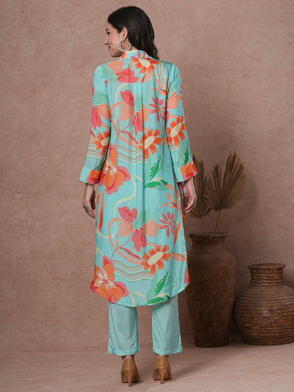 Abstract Floral Printed & Embroidered Straight Kurta with Pant - Cyan Blue