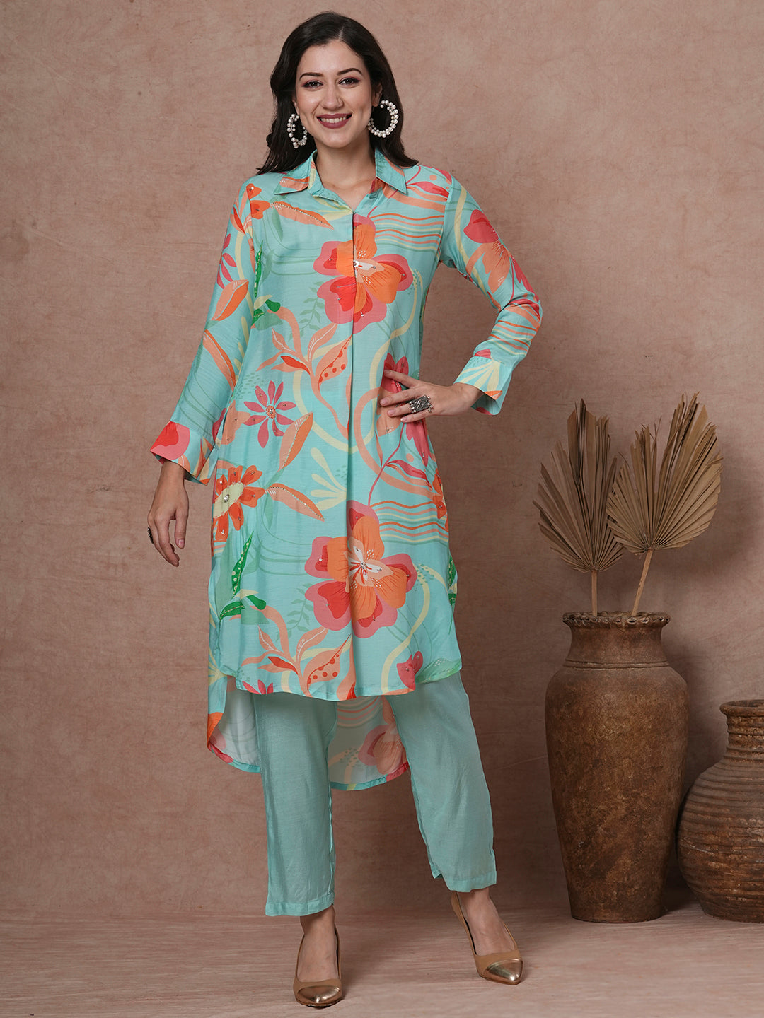 Abstract Floral Printed & Embroidered Straight Kurta with Pant - Cyan Blue