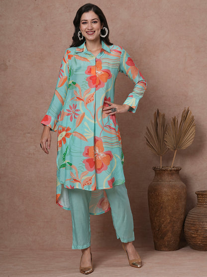 Abstract Floral Printed & Embroidered Straight Kurta with Pant - Cyan Blue