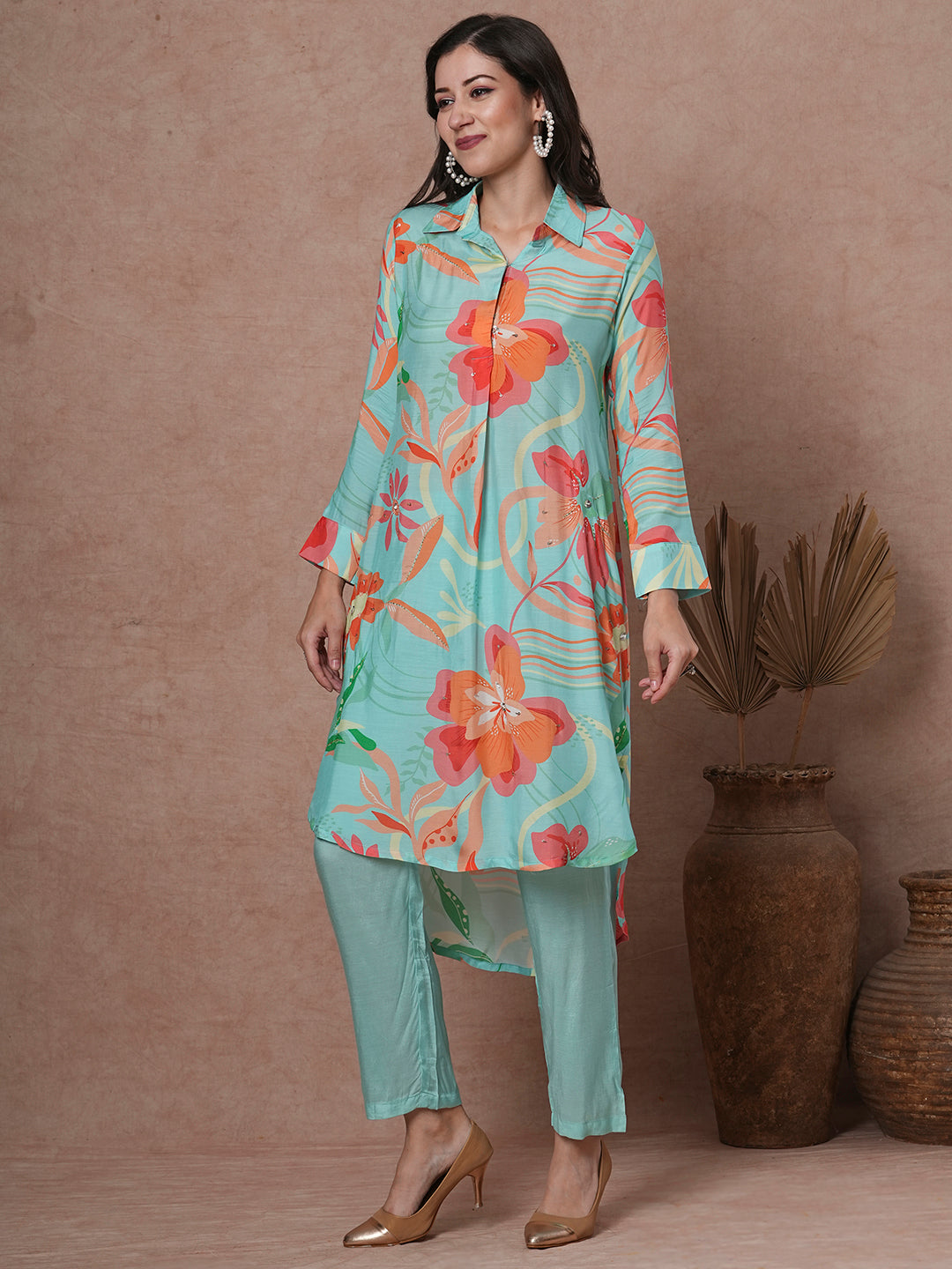 Abstract Floral Printed & Embroidered Straight Kurta with Pant - Cyan Blue