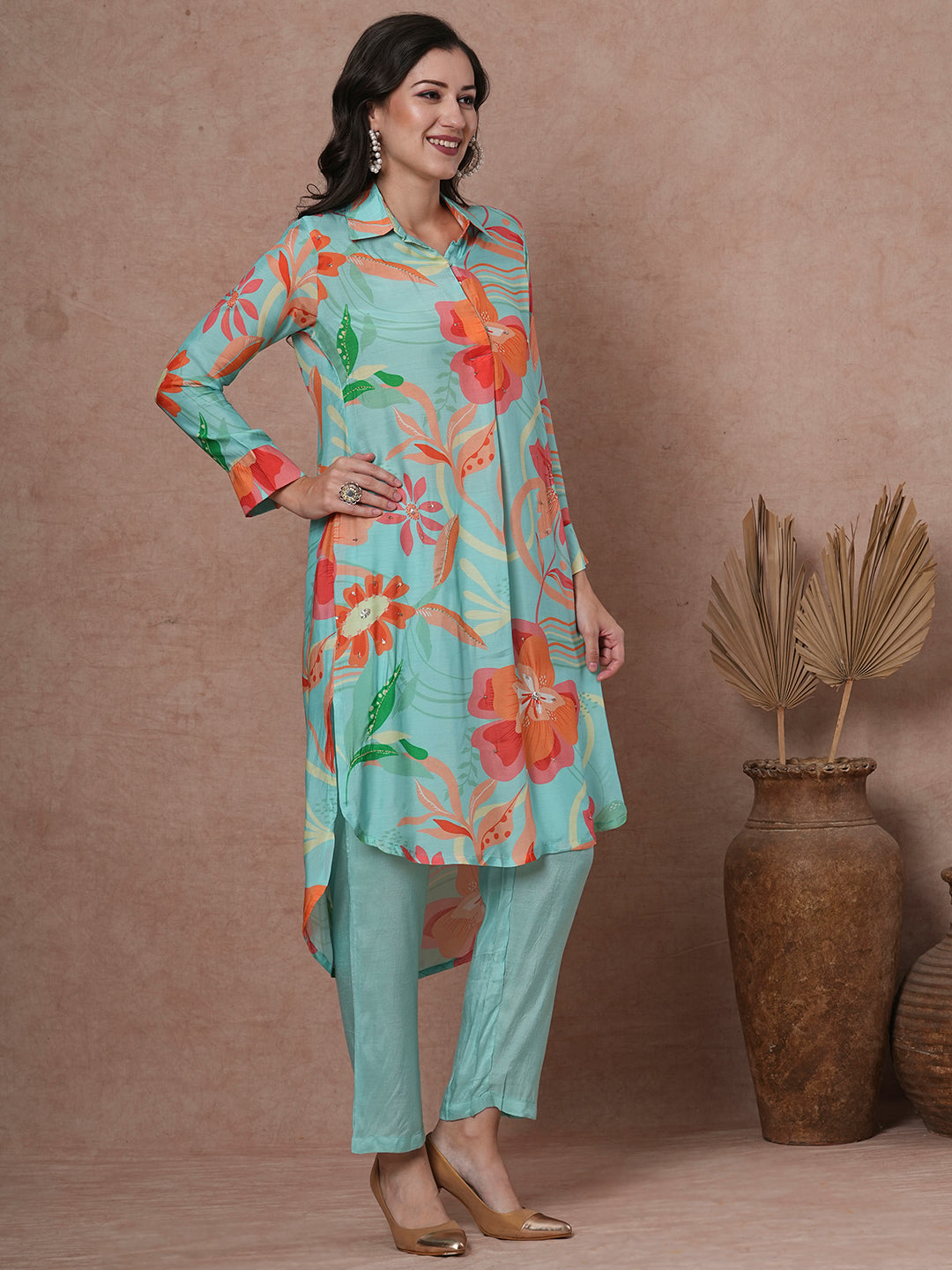 Abstract Floral Printed & Embroidered Straight Kurta with Pant - Cyan Blue