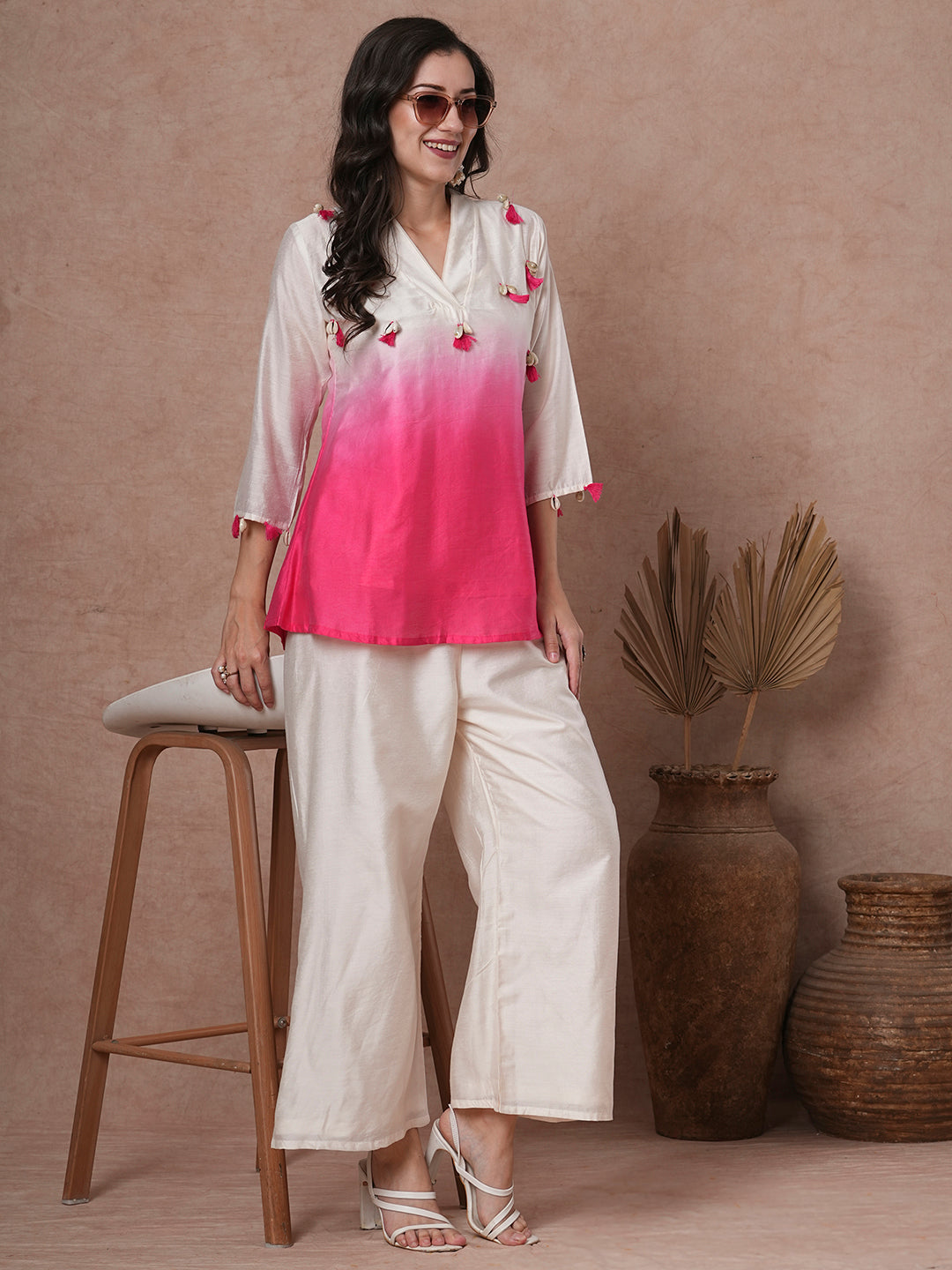 Solid Ombre A-Line Tasseled Top with Palazzo - Off White