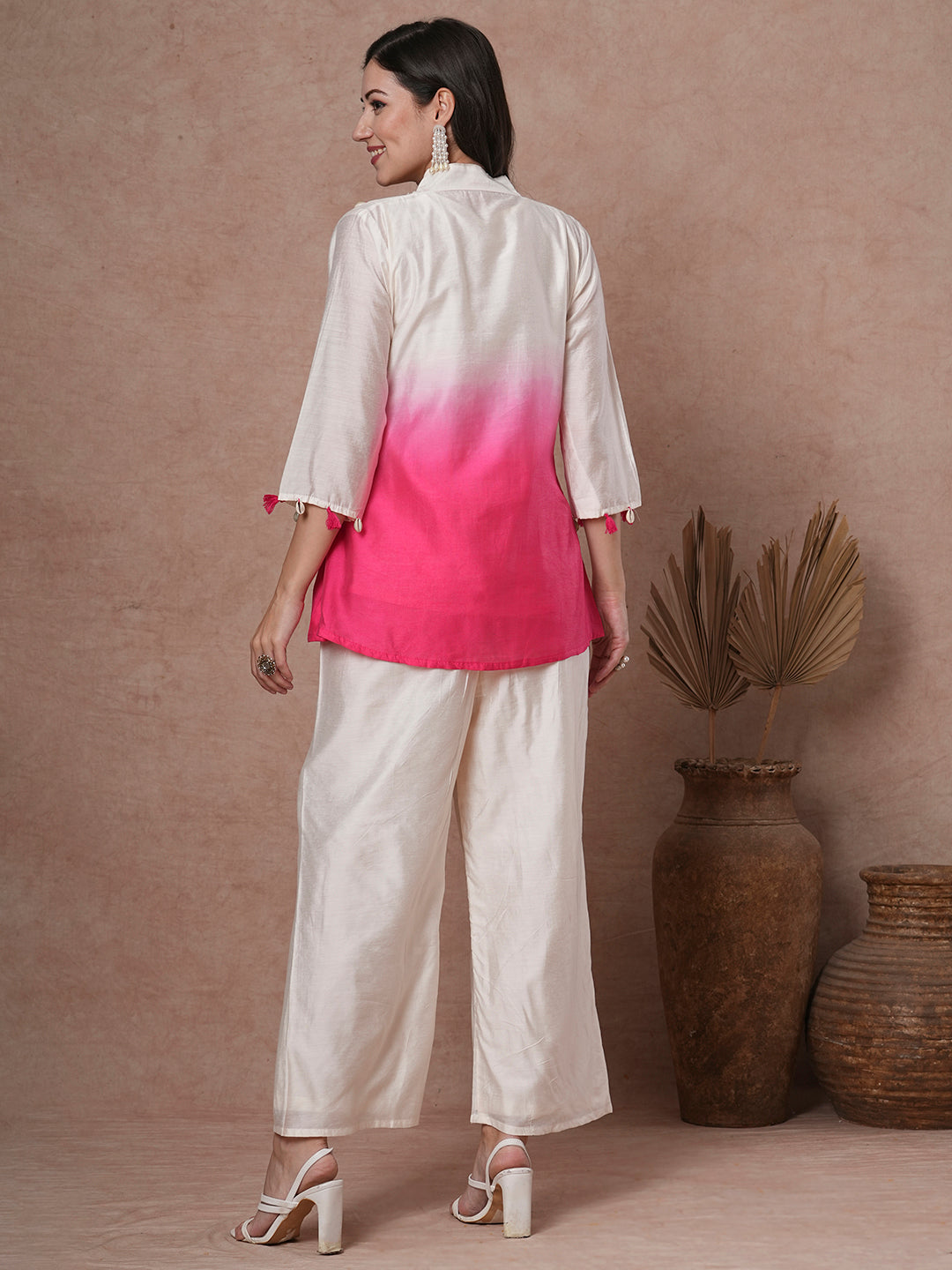 Solid Ombre A-Line Tasseled Top with Palazzo - Off White