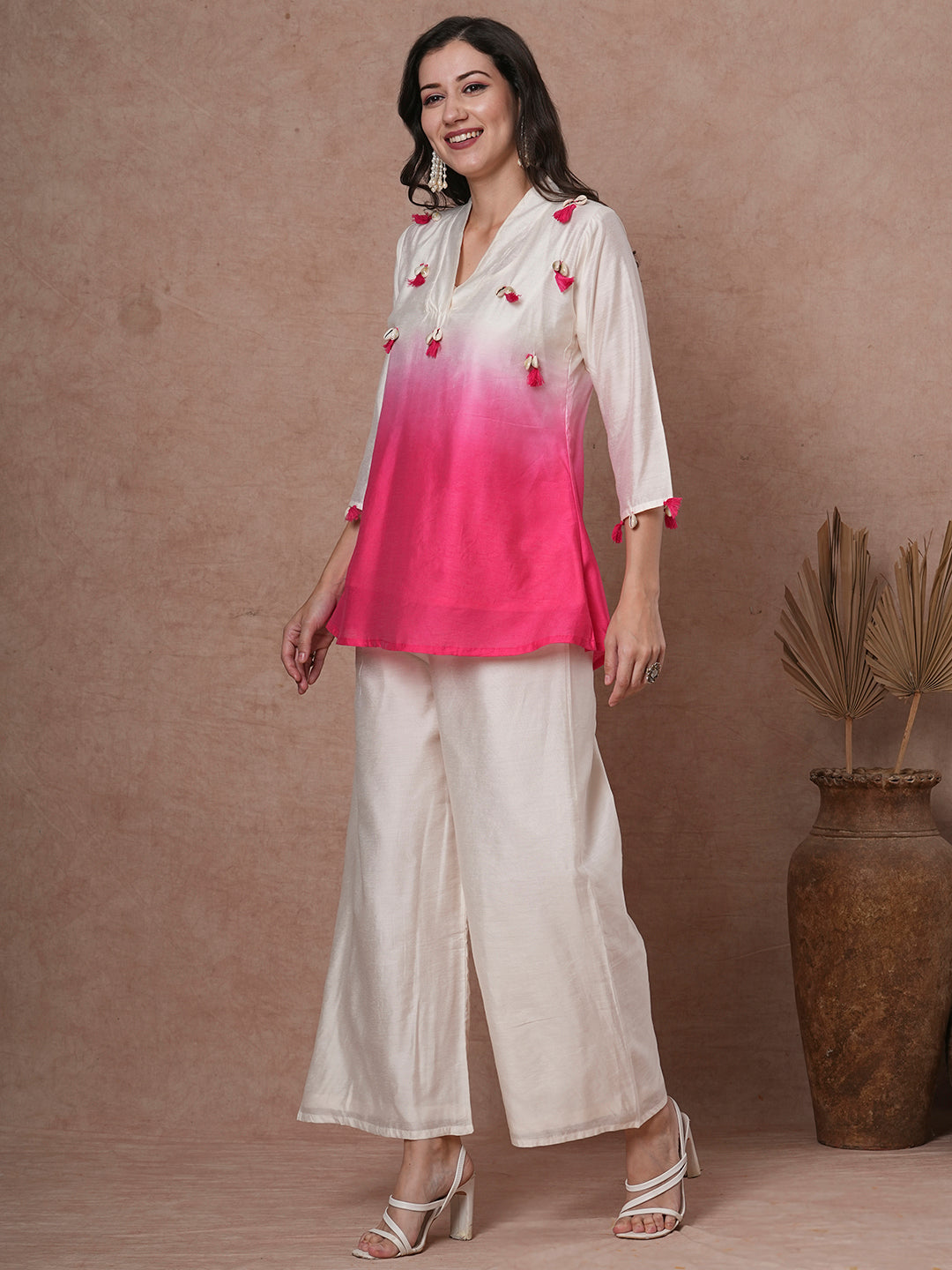 Solid Ombre A-Line Tasseled Top with Palazzo - Off White