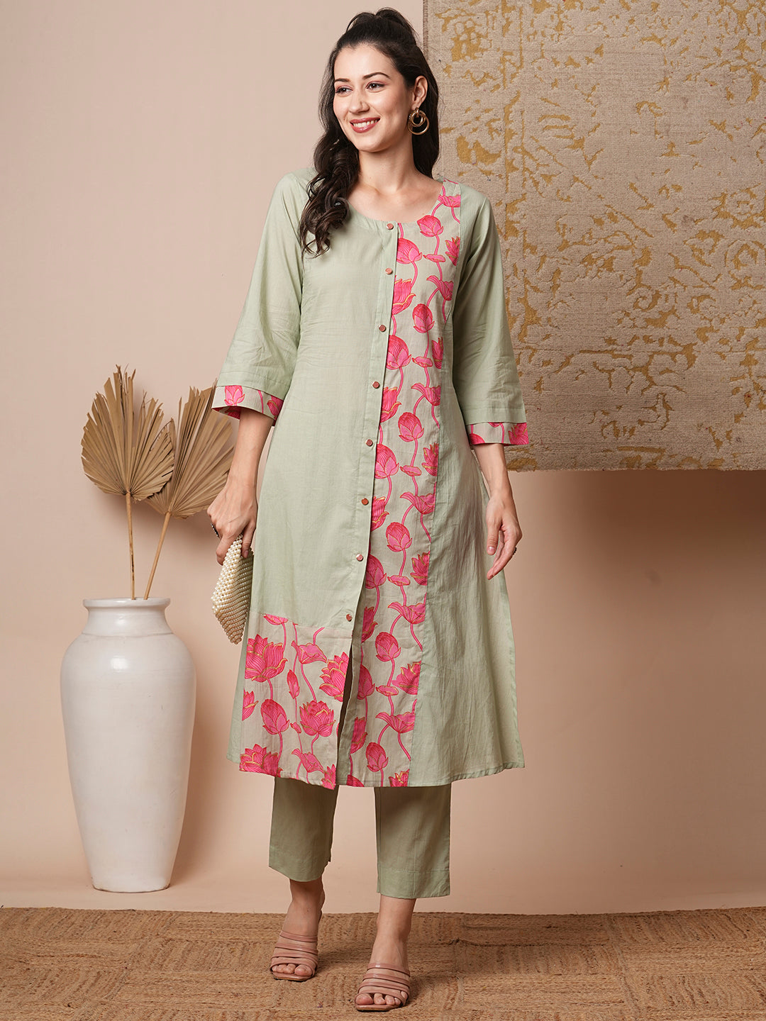 Ethnic Lotus Printed A-Line Paneled Kurta with Pant - Mint Green