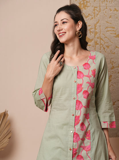 Ethnic Lotus Printed A-Line Paneled Kurta with Pant - Mint Green