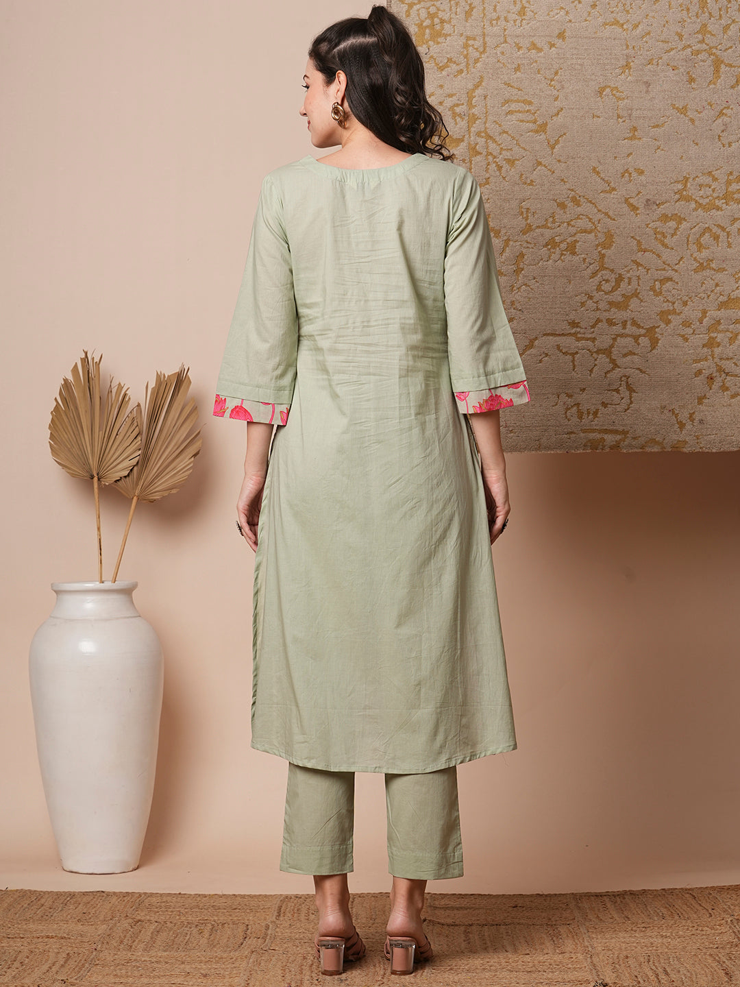 Ethnic Lotus Printed A-Line Paneled Kurta with Pant - Mint Green