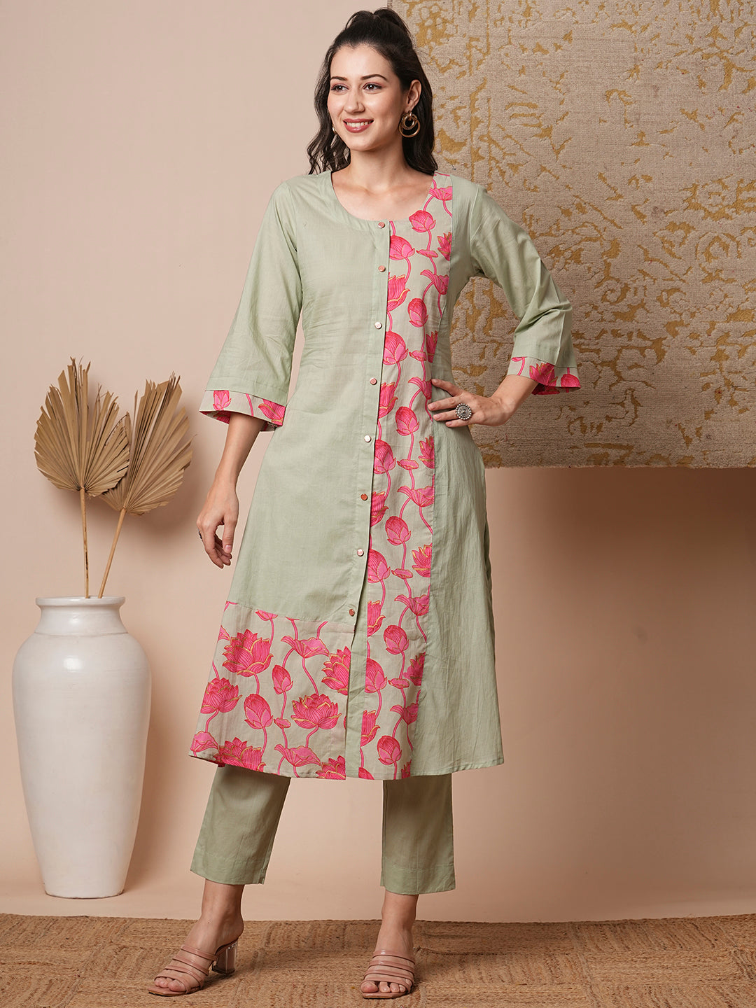 Ethnic Lotus Printed A-Line Paneled Kurta with Pant - Mint Green