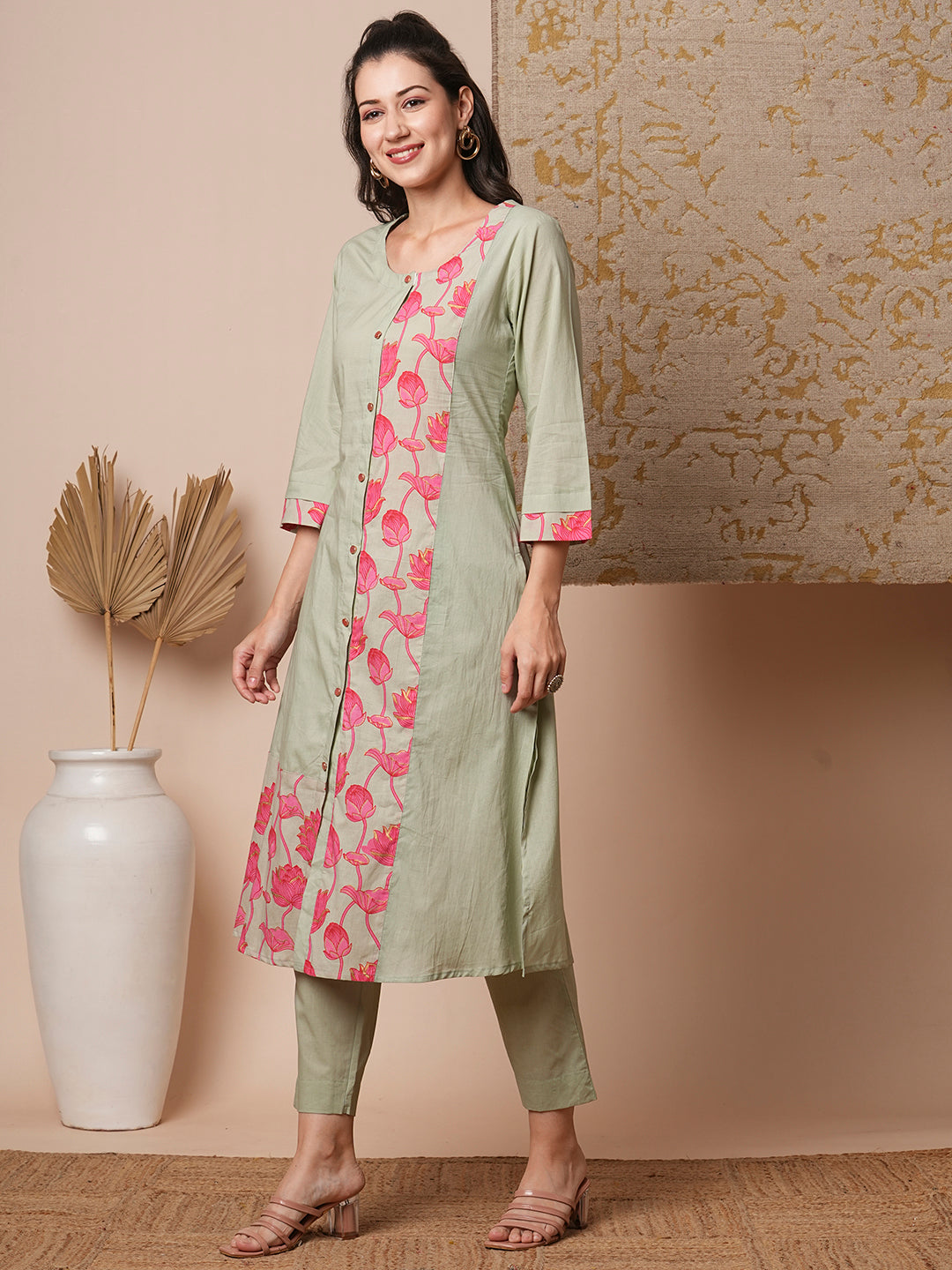 Ethnic Lotus Printed A-Line Paneled Kurta with Pant - Mint Green