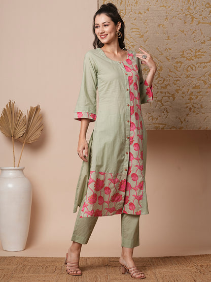 Ethnic Lotus Printed A-Line Paneled Kurta with Pant - Mint Green