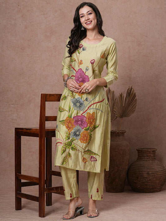 Solid Floral Painted & Hand Embroidered Straight Fit Co-ord Set - Light Green