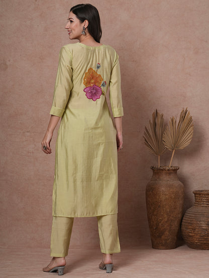 Solid Floral Painted & Hand Embroidered Straight Fit Co-ord Set - Light Green