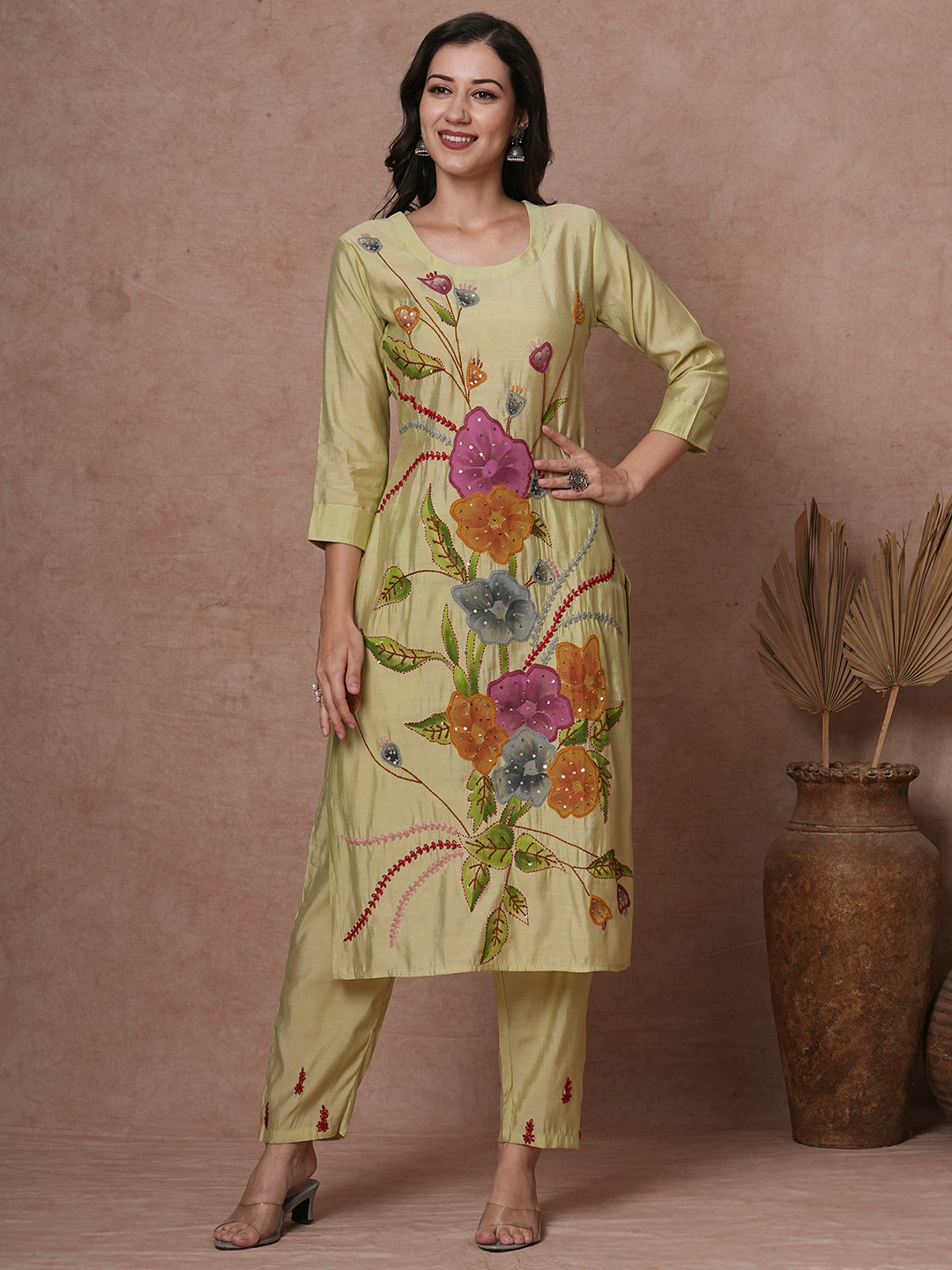 Solid Floral Painted & Hand Embroidered Straight Fit Co-ord Set - Light Green