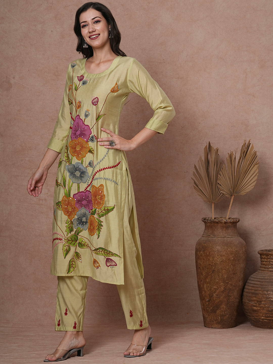 Solid Floral Painted & Hand Embroidered Straight Fit Co-ord Set - Light Green